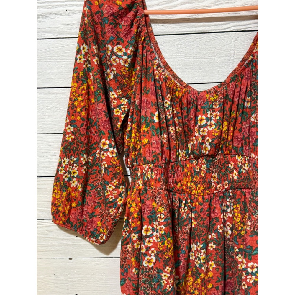 Torrid Floral Smocked Waist Babydoll Top Rust Orange 3/4 Sleeve Plus Size 0 L XL - Picture 4 of 5